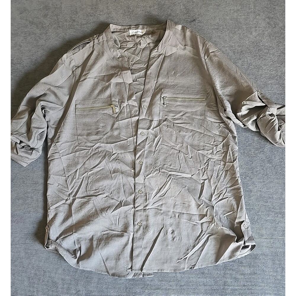 Calvin Klein Women's Top XL Gray Button Down Zip Pocket Roll Sleeve Blouse